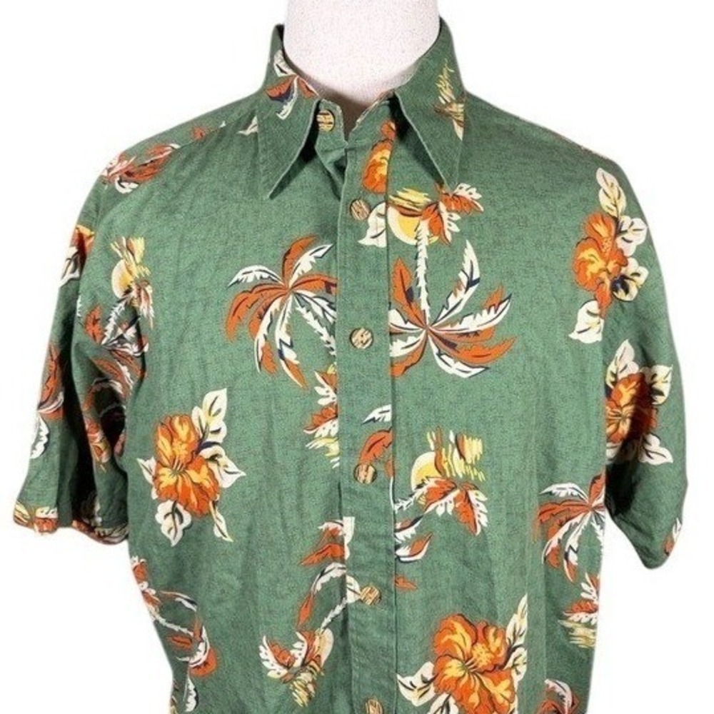 Hilfiger Mens Tropical Palm Tree Hibiscus Cotton Button Down Shirt Green Large
